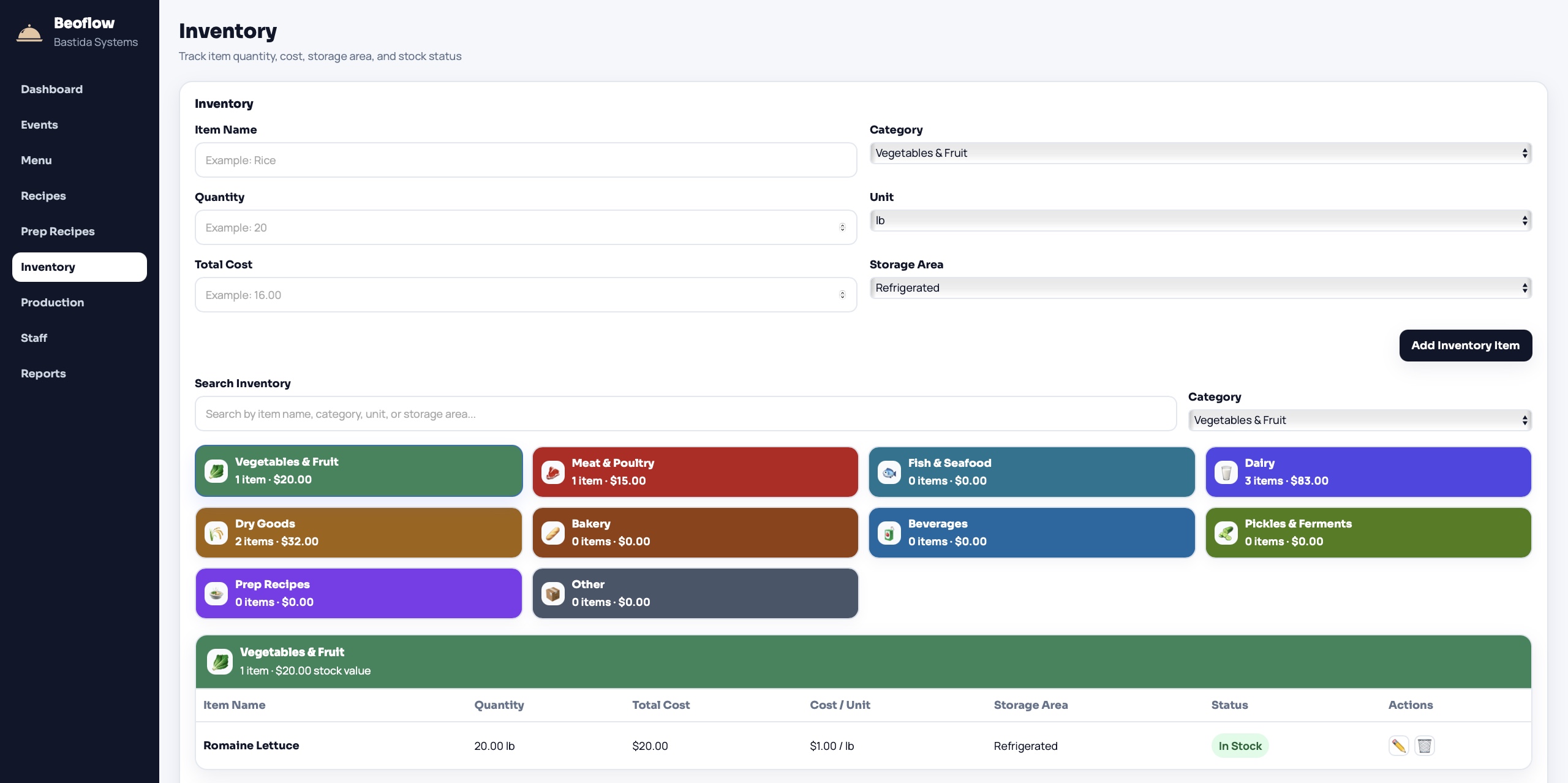 Beoflow inventory screen with categories, costs, and quantities