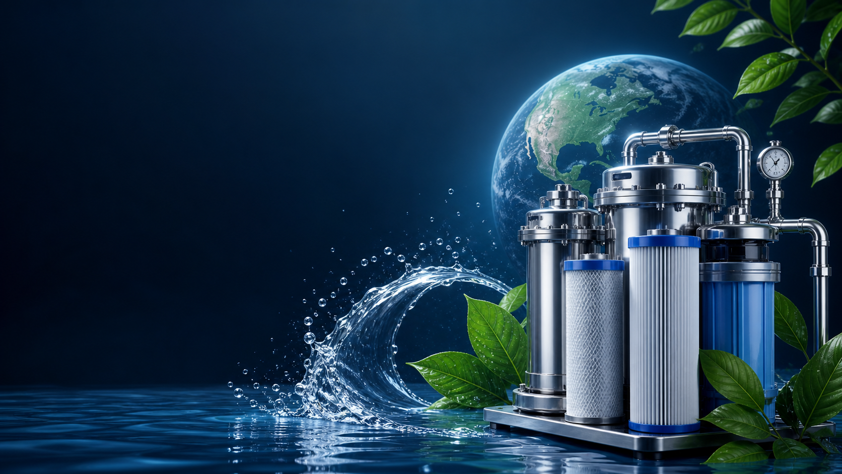 Industrial water filtration equipment with flowing water and sustainability imagery