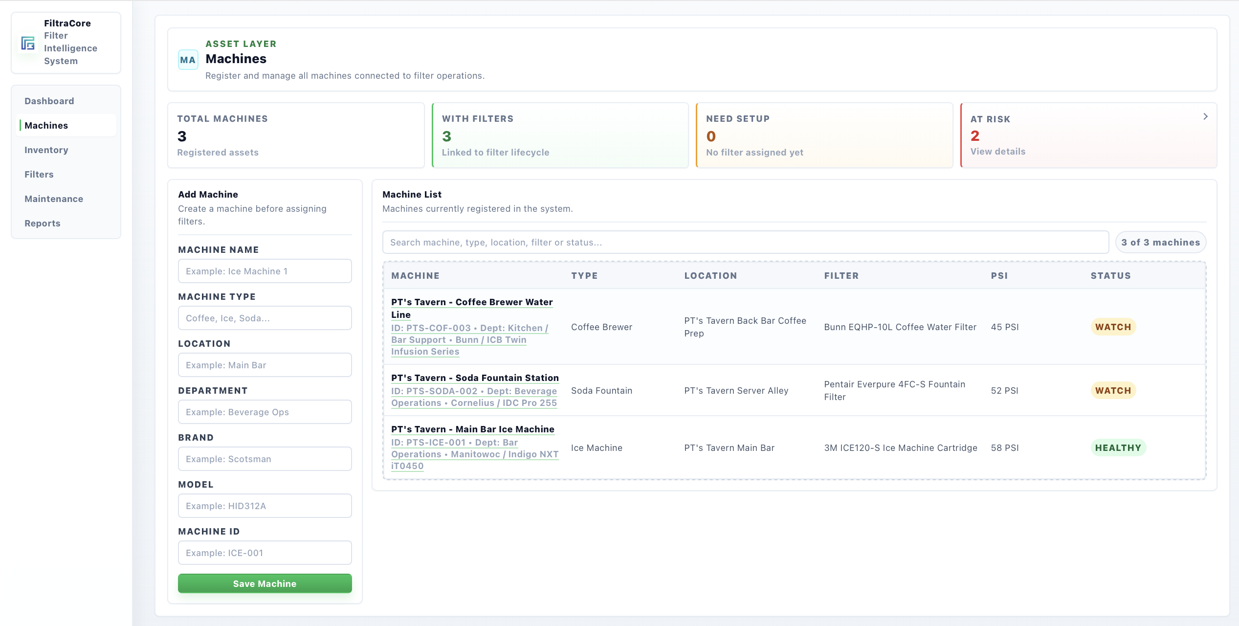 FiltraCore desktop dashboard showing filter readiness, risk exposure, setup progress, and system metrics