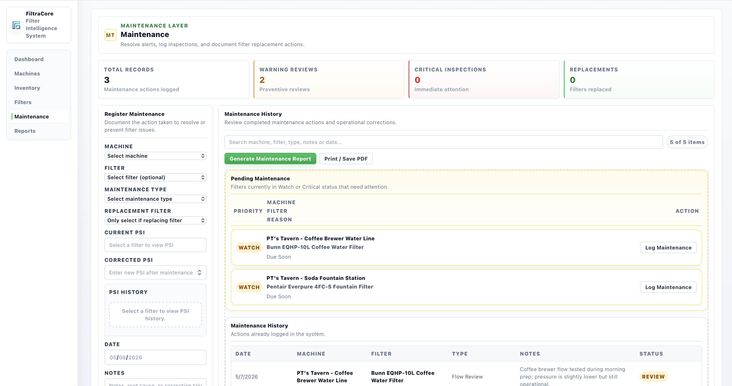 FiltraCore reports desktop screen with readiness overview, operational summary, and report actions