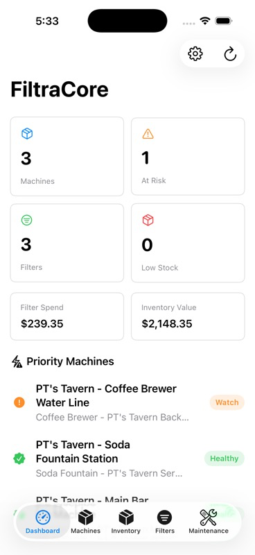 FiltraCore mobile dashboard print preview