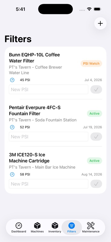 Mobile Filters screen showing PSI tracking and active status