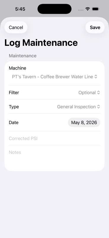 Mobile Log Maintenance form in FiltraCore